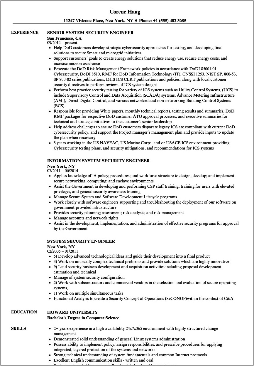 Security Systems Engineer Sample Resume
