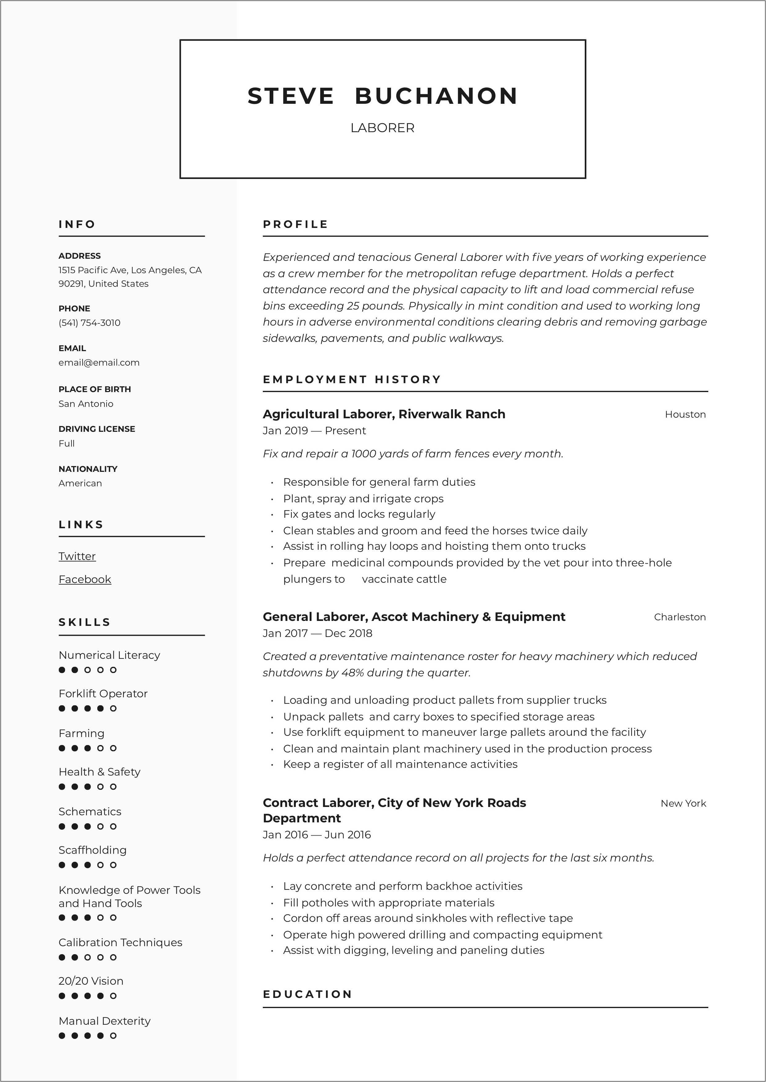 Skills To Put In Resume For Warehouse Labor - Resume Example Gallery