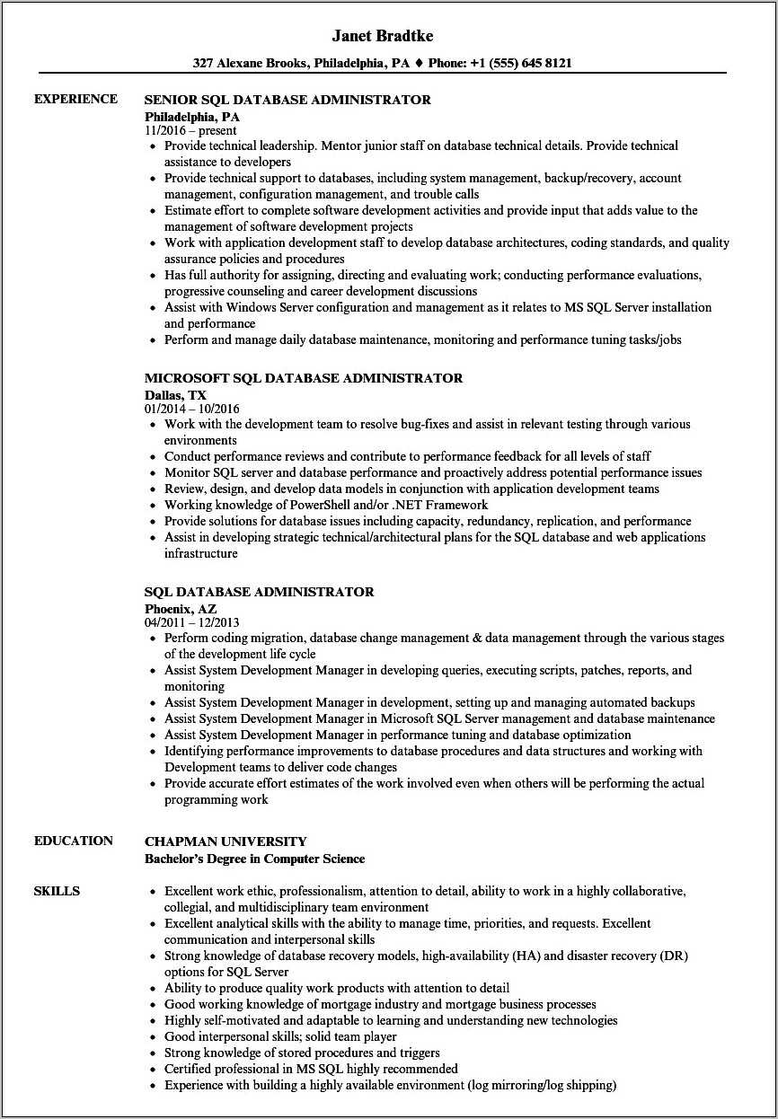 Sql server dba resume sample doc resume example gallery