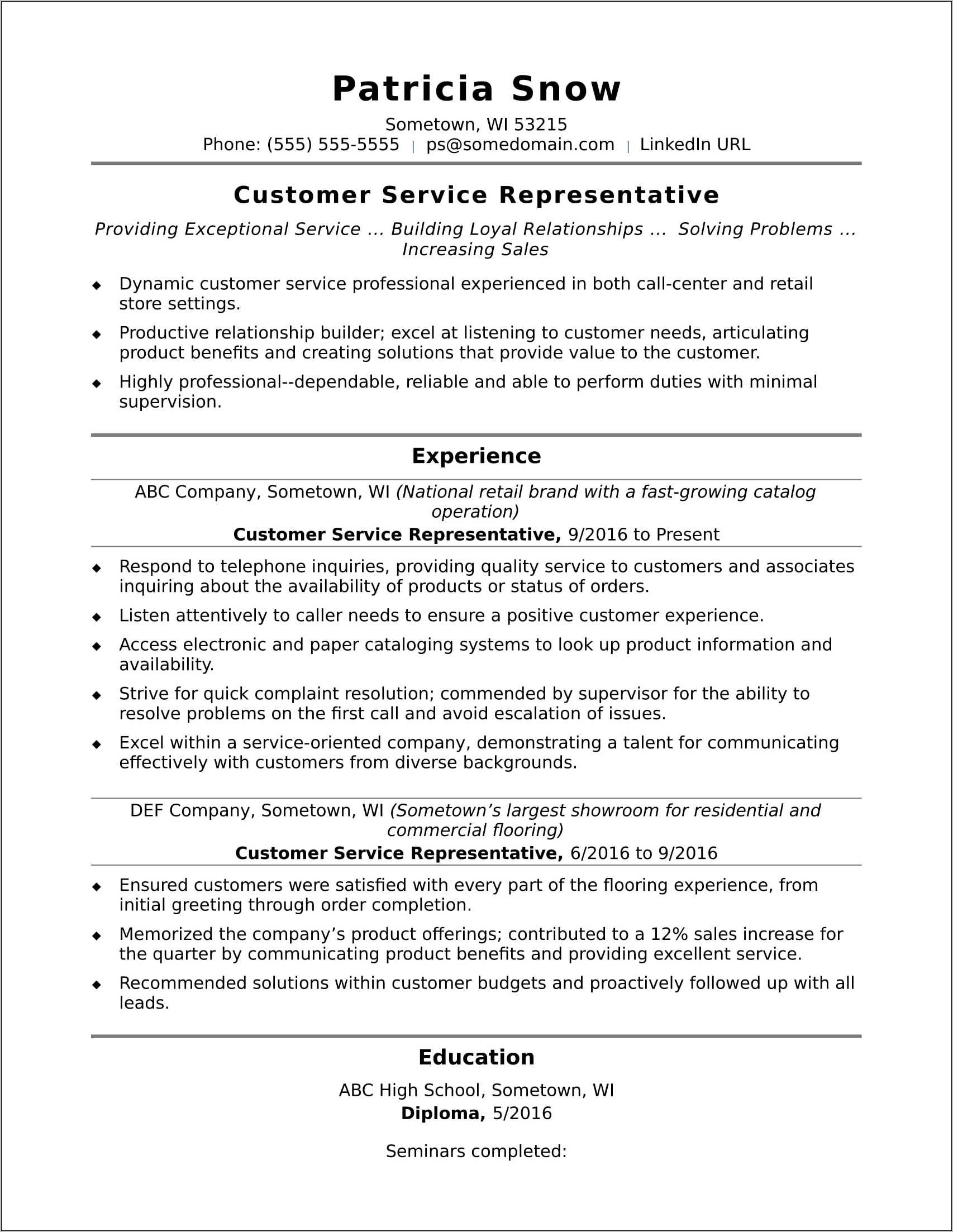 Summary Section Of Resume Customer Service