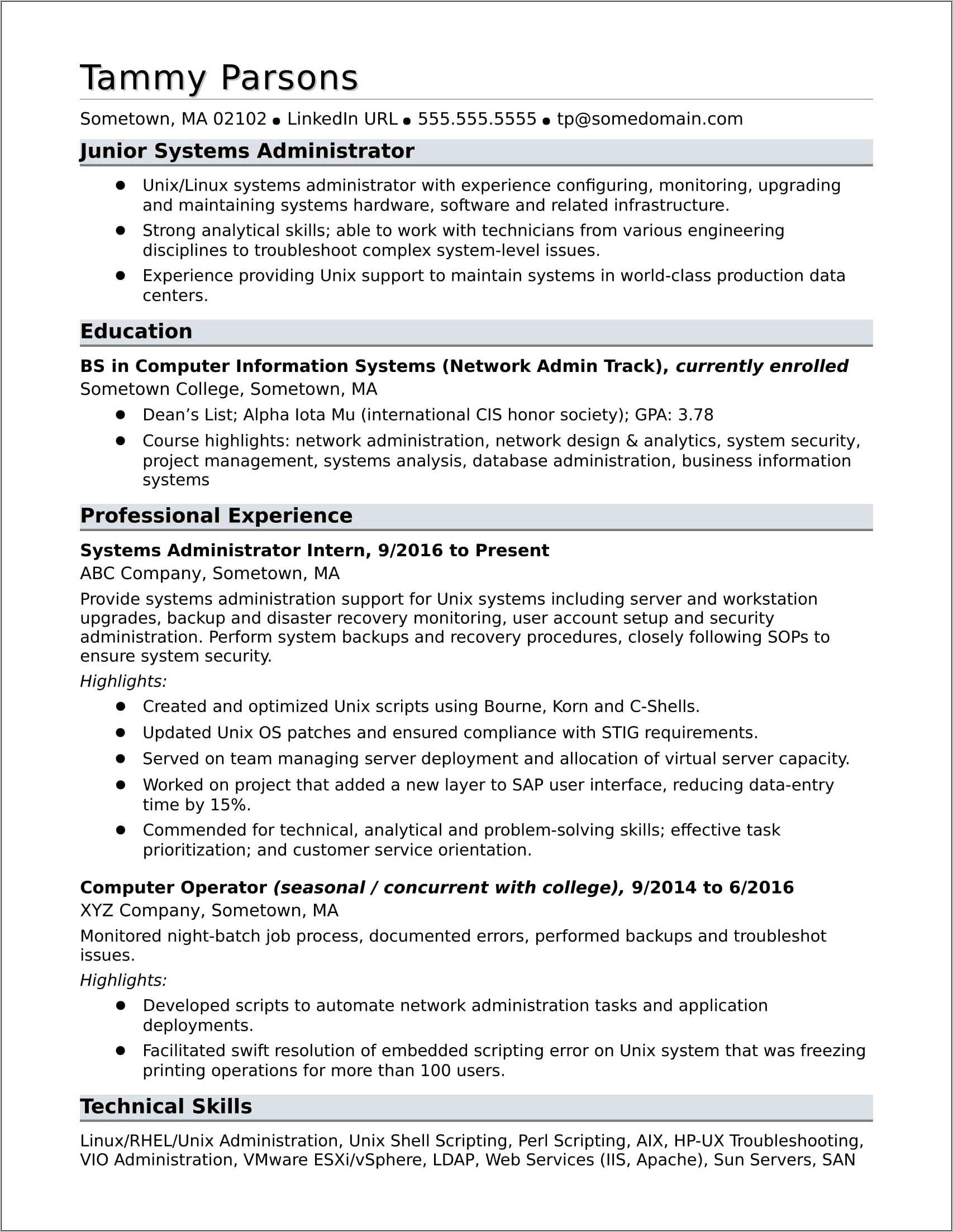Systems And Network Administrator Resume Sample