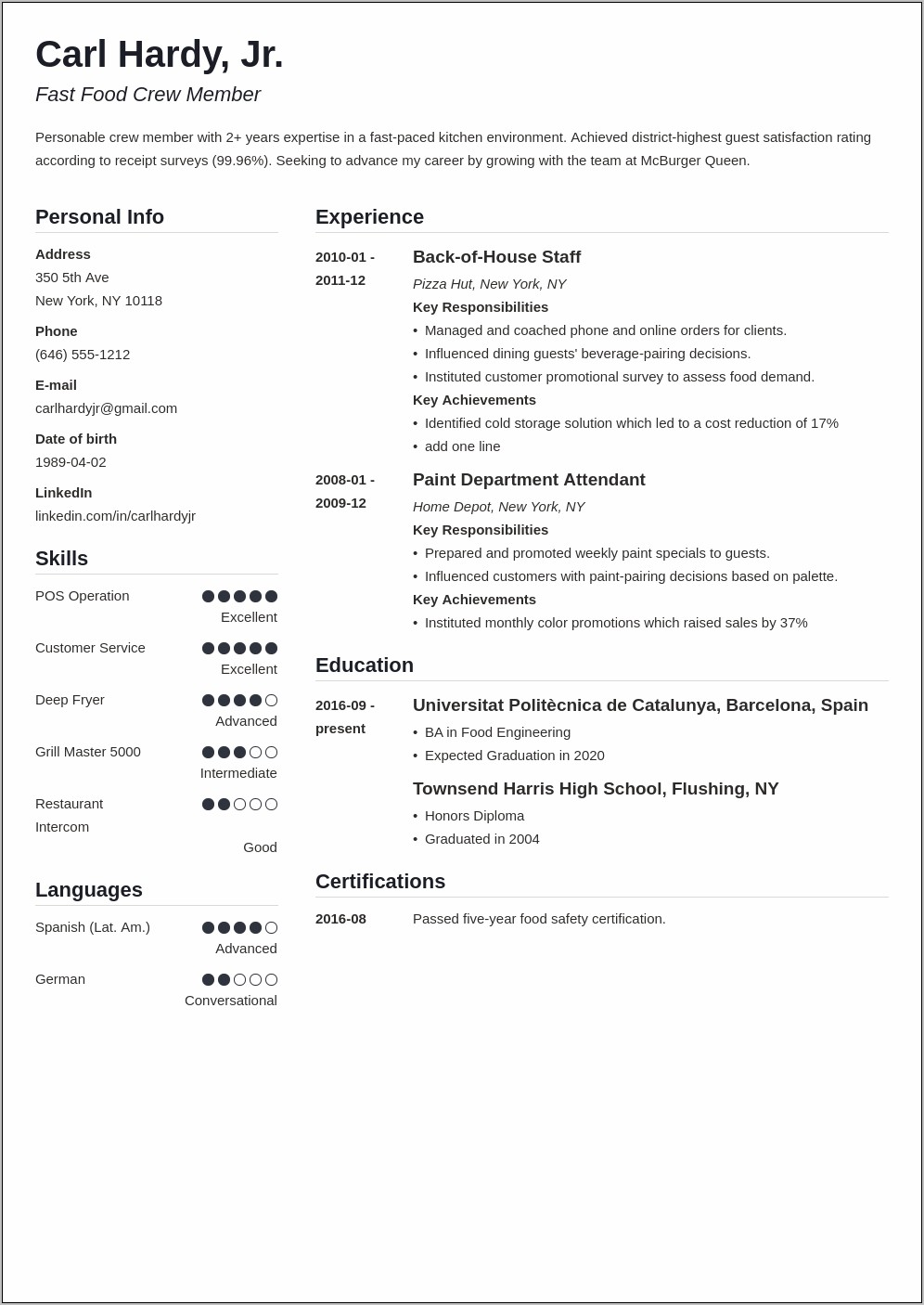 Taco Bell Job Description For Resume