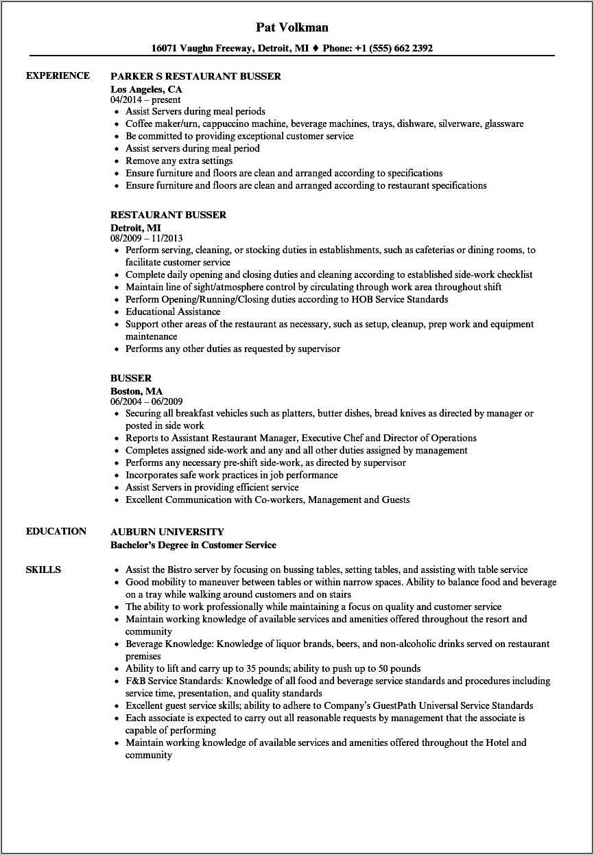 Wording For A Bus Boy On A Resume